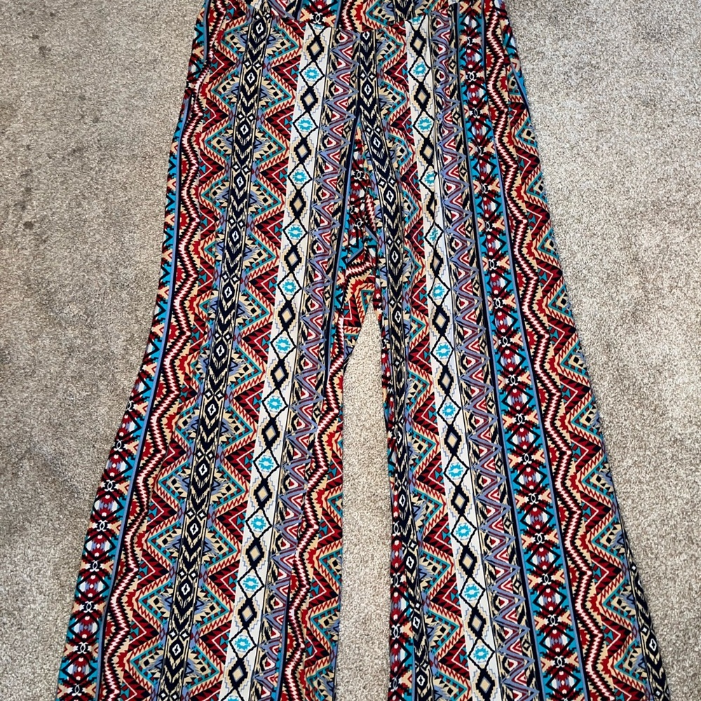 Bohemian Red and Blue‎ Wide Leg Jumpsuit with Geometric Flair